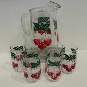 Vintage Strawberry Glass Pitcher Set 4 Cups Floral Retro Cottagecore